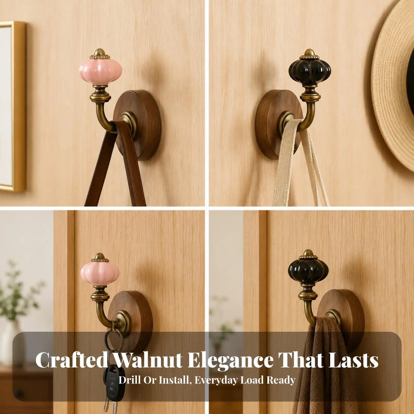 Decorative Wall Mounted Coat Hook with Glossy Ribbed Ceramic Knob and Metal Arm for Bedroom Entryway