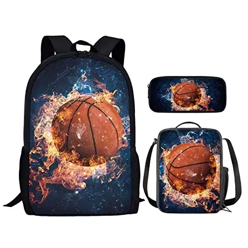 3 Piece School Bag Set Cool Basketball Fire Printed Backpack for Boys Girls Teenager Student Book Bag with Lunch Bag Pencil Bag