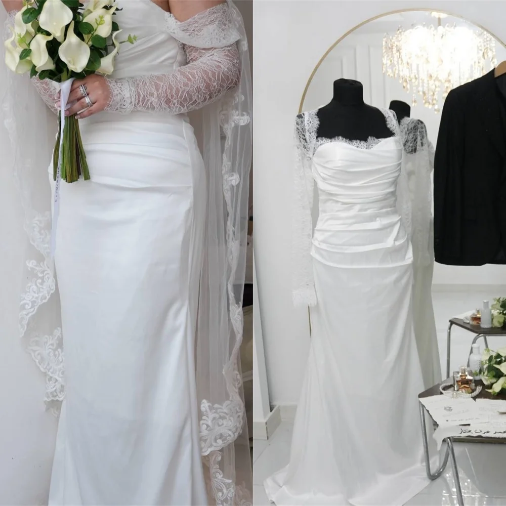 

Customized High Quality White Jersey Wedding Dress Exquisite Strapless Off the Shoulder Long Sleeves Chapel Train Bridal Gowns