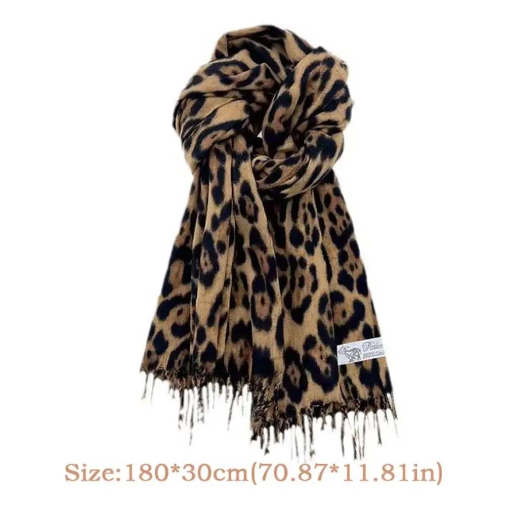 Moda leopardo borlas chal a prueba de viento Foulard grueso Pashmina Hijabs imitación Cachemira invierno bufanda cálida para mujer hombre