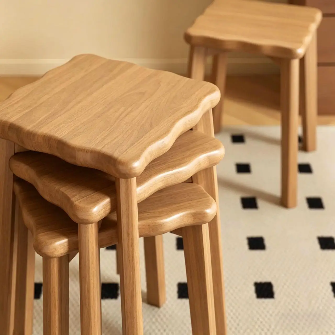 HYS Solid Wood Dining Chair Square Household Stool Home Chair Thickened Rubber Wood Square Stool Stackable Restaurant