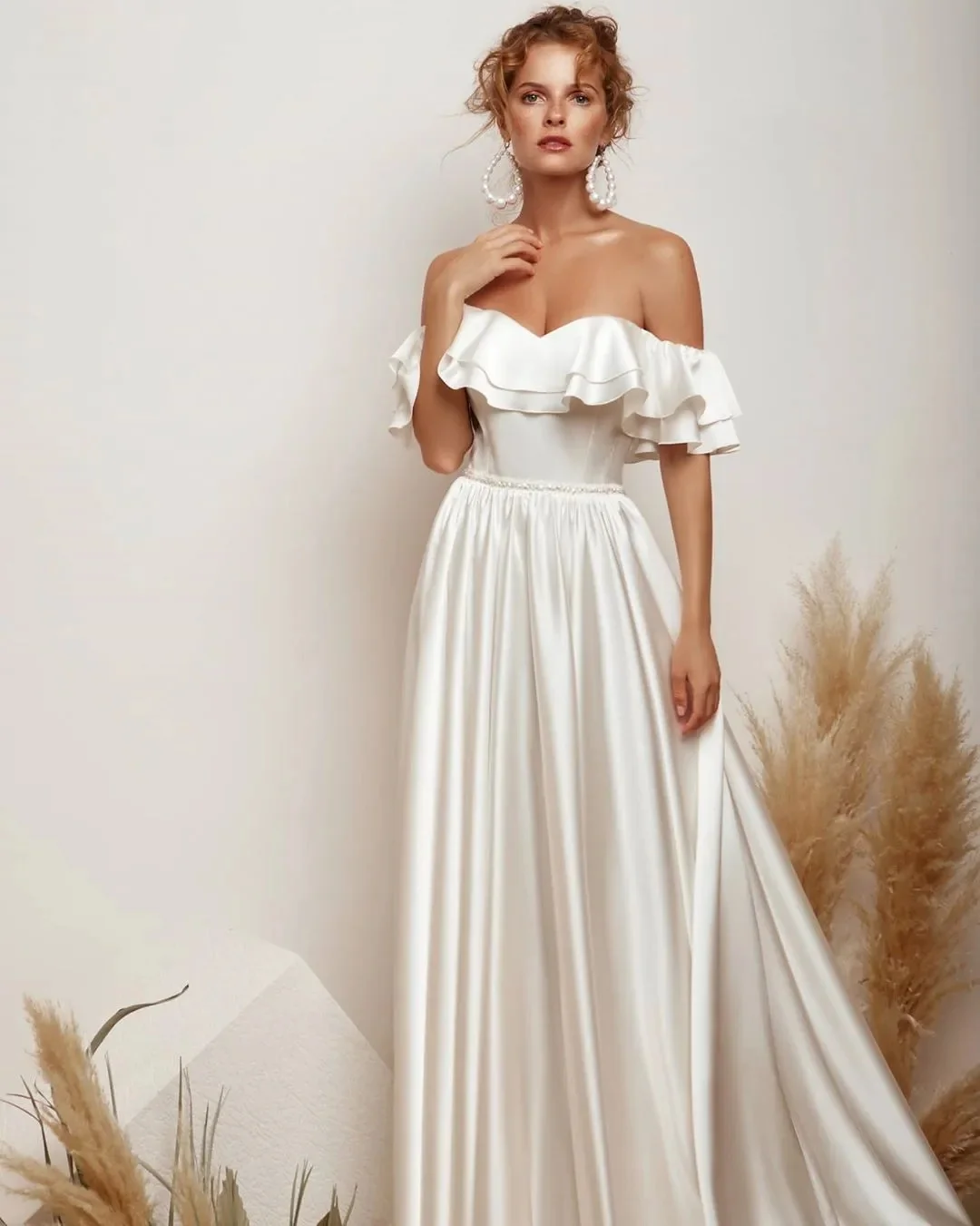 Robe de mariée froncée à col bateau en satin uni pour femmes, robe de patients de style campagnard, robe de soirée de mariage, simple, nouveau, été, 2024