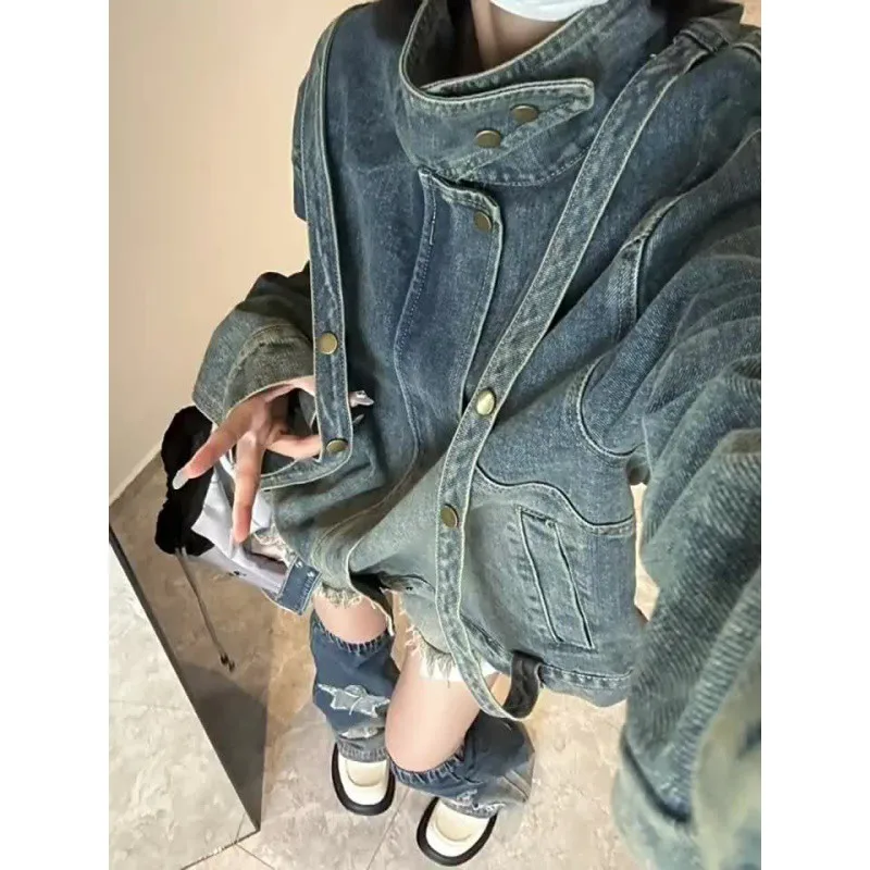 

American Retro Niche Design Zipper Loose Washed Women Thin High Street Top Spring And Autumn