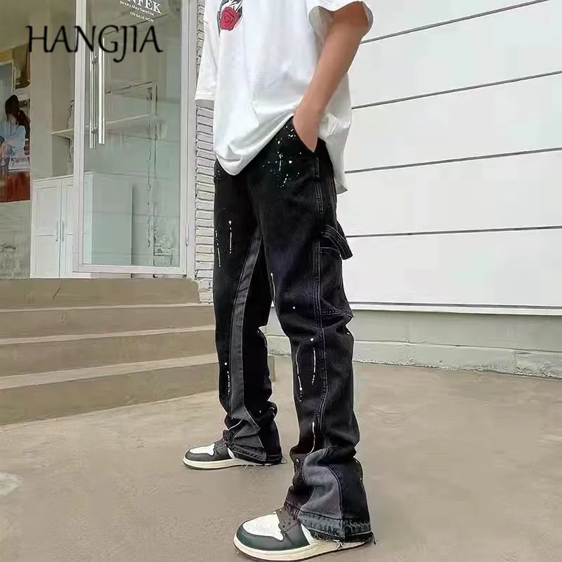 Vintage Streetwear Flared Jeans Denim Hip Hop Splashing Ink Wide Leg Jean Overalls for Men Fashionable Retro Patchwork Jeans Y2k