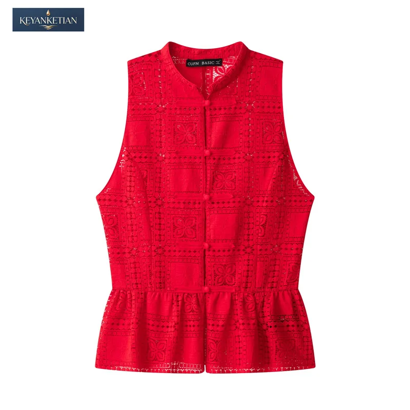 

KEYANKETIAN 2026 Elegant Red Lace Peplum Vest Women Mandarin Collar Frog Button Sleeveless Slim Fit Casual Office Blouse Top