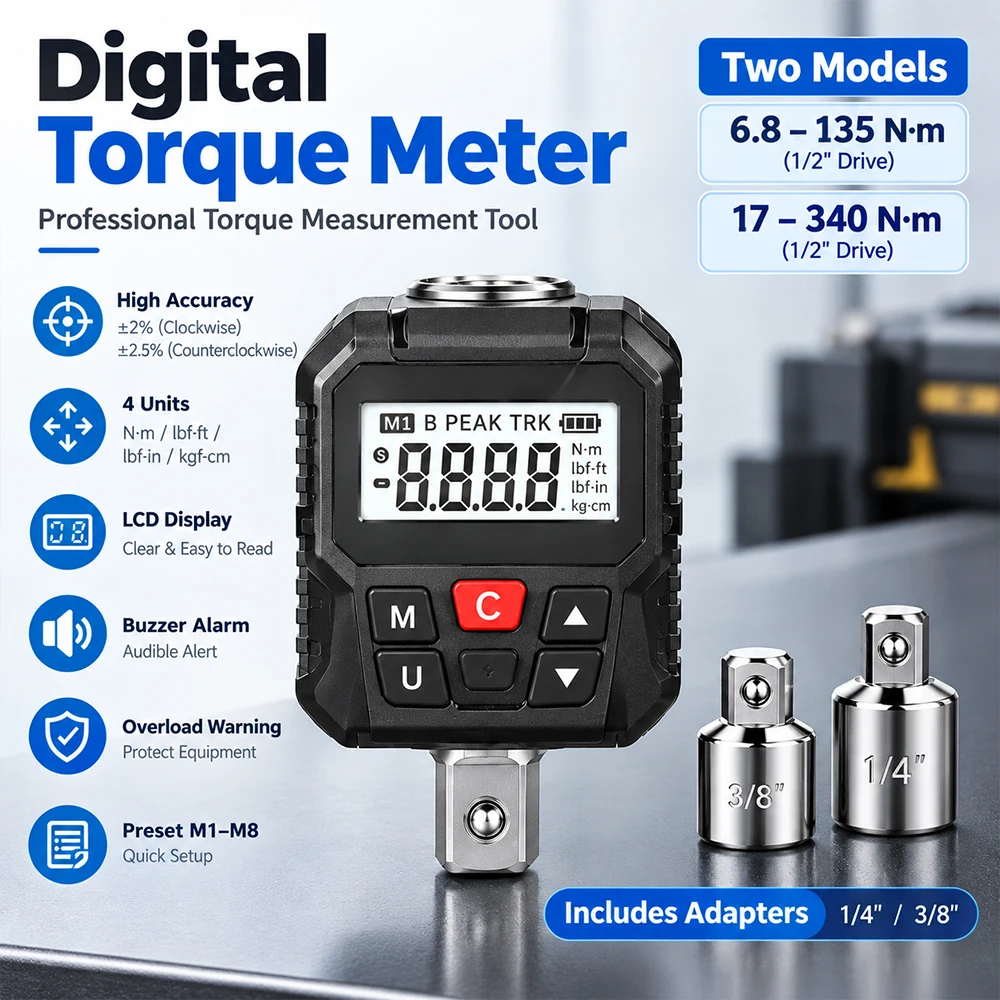 Digital Torque Meter 17-340N·m Drive Torque Tester LCD Display 4 Units Peak & Real-Time Mode Buzzer Alarm Torque Wrench Adapter