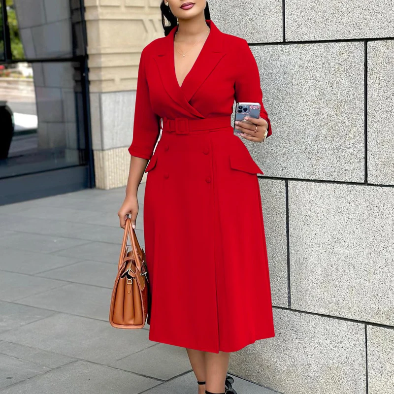 Fashion Chic Women Dress New Design Notched Collar Three Quater Sleeve Double Breasted With Belt Long Dress Office Lady Dress