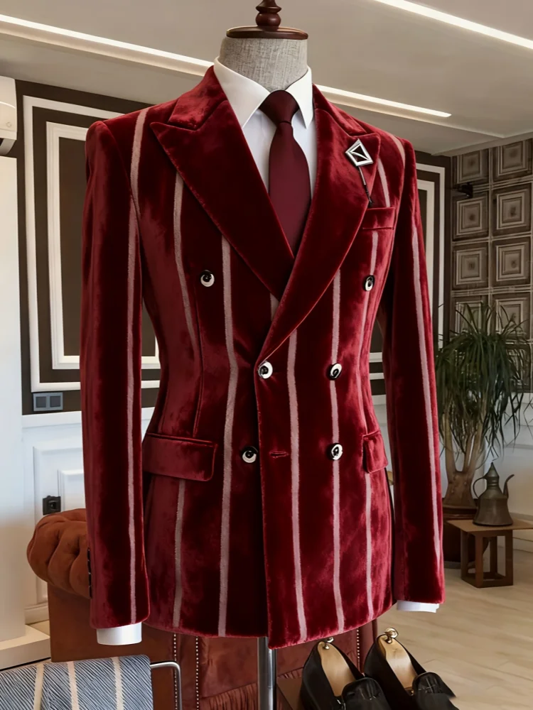 Men Slim‑Fit Vertical‑Stripe Blazer with Peak‑Lapel for Wedding Prom Night Events