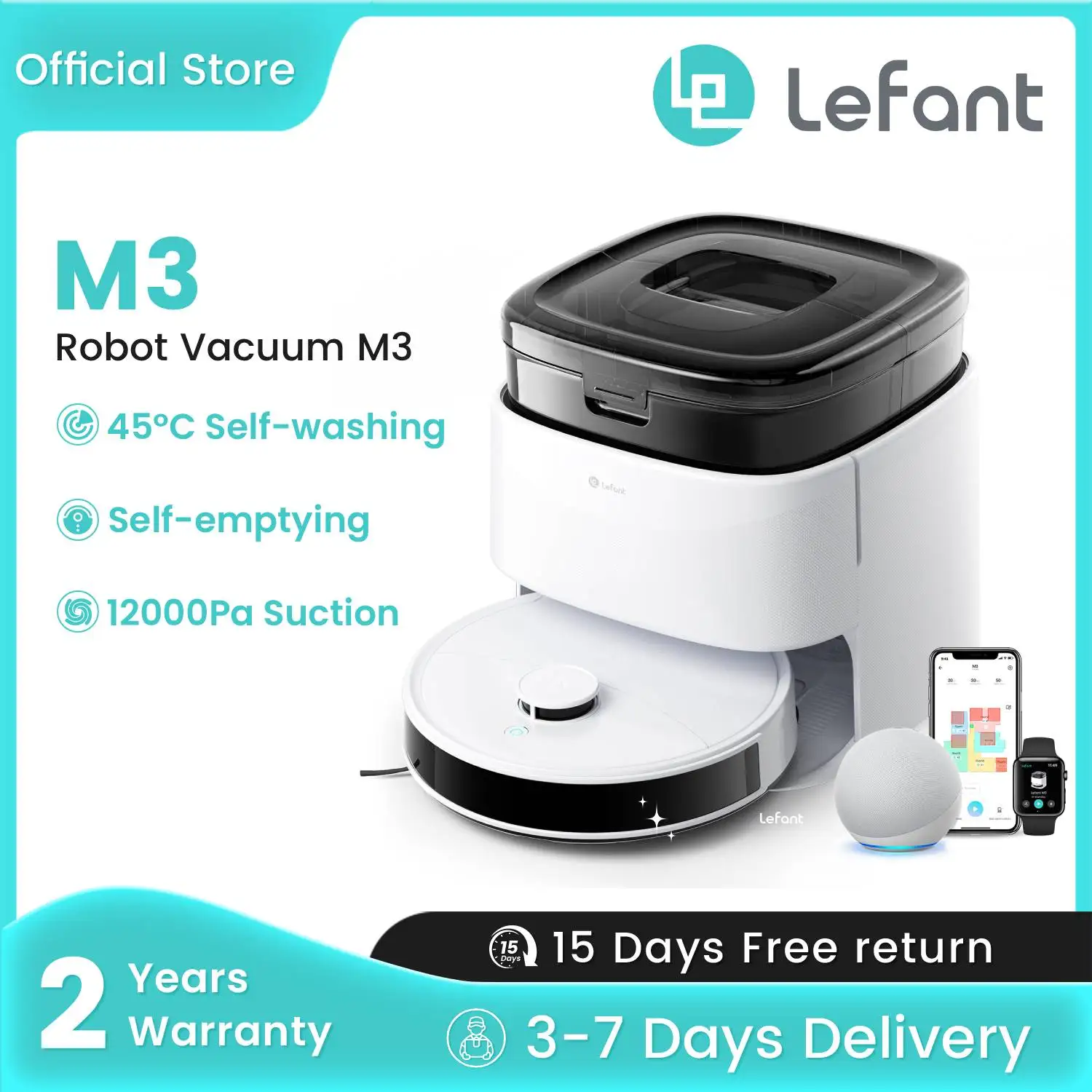 Aspirapolvere robot LEFANT M3 con funzione tergicristallo, stazione base all-in-one, aspirazione 12.000 Pa, navigazione DToF,