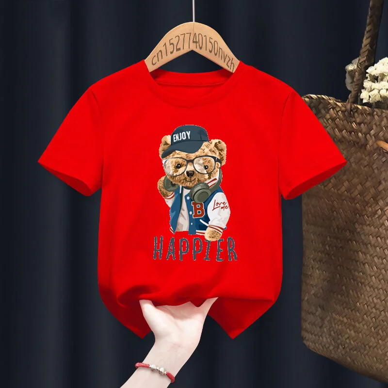 Funny Bear Happier Print Red Kid T-shirts Children Baby Black Harajuku Kawaii Clothes Boy Girl Tops Gift Present ,Drop Ship