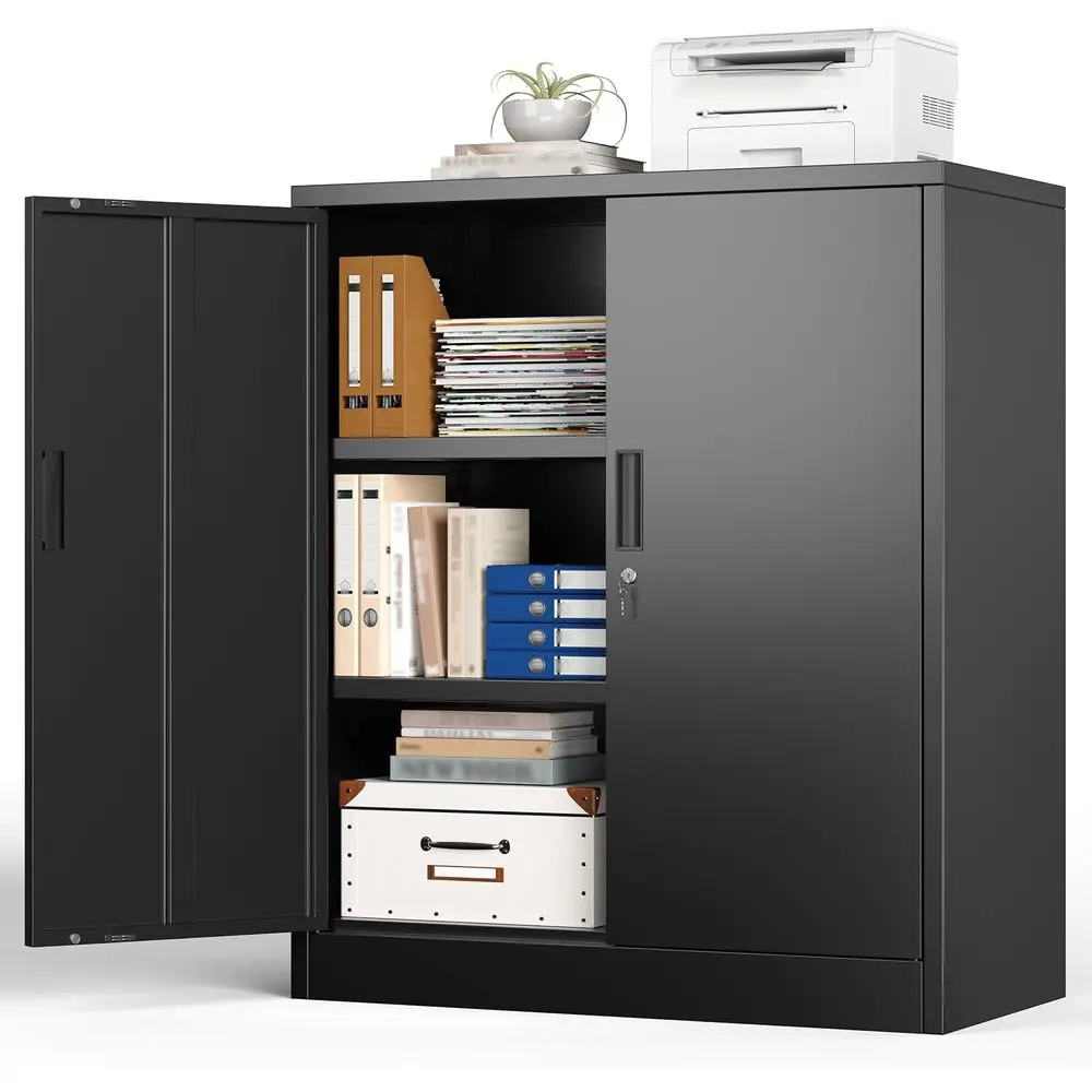

36 Inch Lockable Metal Storage Cabinet 2 Adjustable Shelves Cabinet For Home Office Garage Basement Utility Room Black