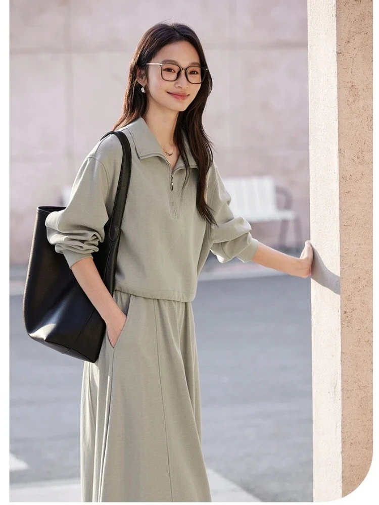 Vimly 2 peças conjuntos de saia moletom roupas femininas 2025 outono casual zip up turn-down neck senhoras topos midi saias linha a a a a0168