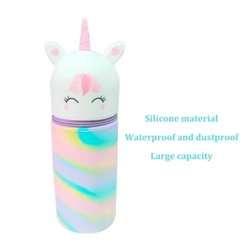 حافظة أقلام يونيكورن ملونة مستقيمة/قابلة للطي ذات سعة كبيرة من السيليكون حاوية أقلام لطيفة مقاومة للماء للطلاب