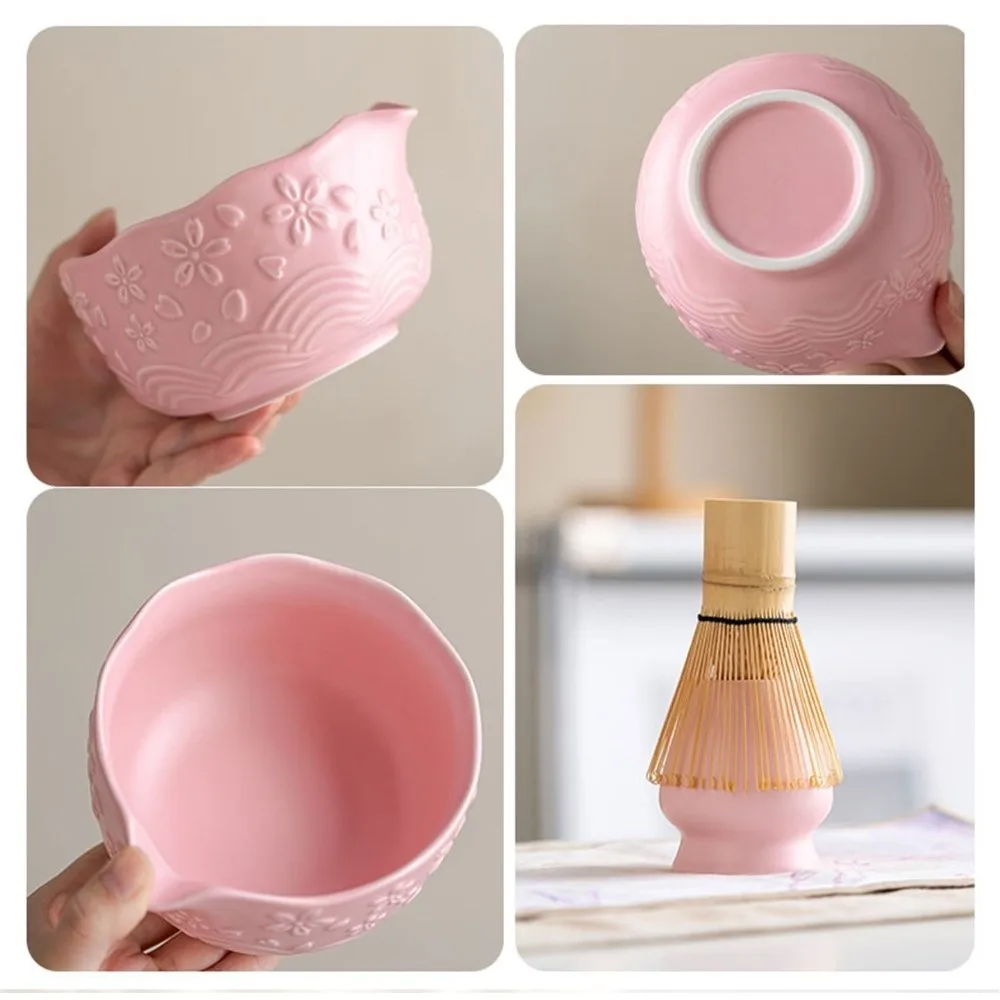 2/4/7 Pcs New Ceramic Matcha Bowl Sakura with Pouring Spout Matcha Making Kit Reusable Flower Japanese Tea Set Tea Lovers