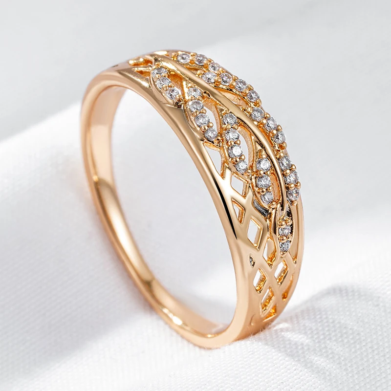 

Wbmqda Elegant Hollow Leaf Rings For Women 585 Rose Gold Color With White Natural Zircon High Quality Daily Fine Jewelry