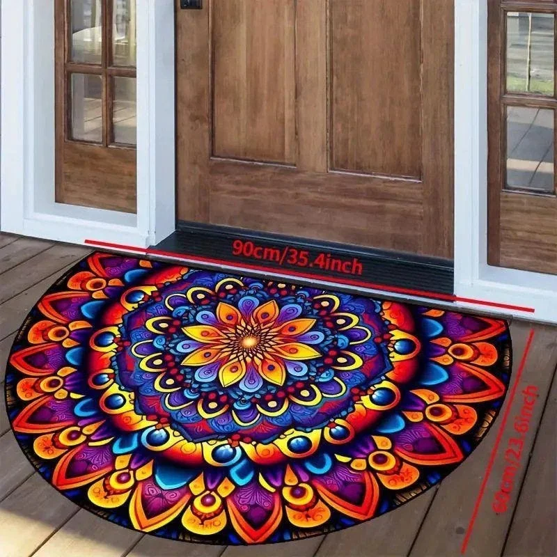 Boho Mandala Floral Semicircle Entrance Mat, Dirt Trapping Wear Resistant Floor Rug For Indoor Outdoor