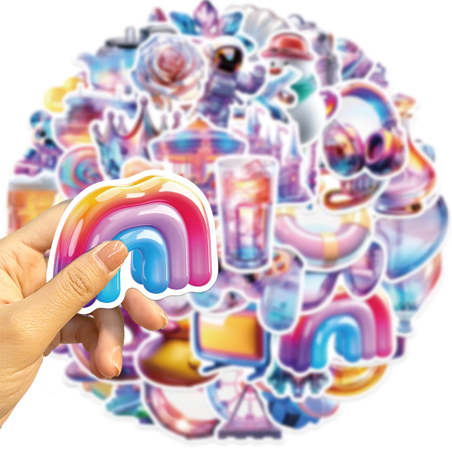 50pcs Colorful 3D Cartoon Holographic Aesthetic Stickers Waterproof Graffiti Decals For Laptop Water Bottle Luggage Notebook