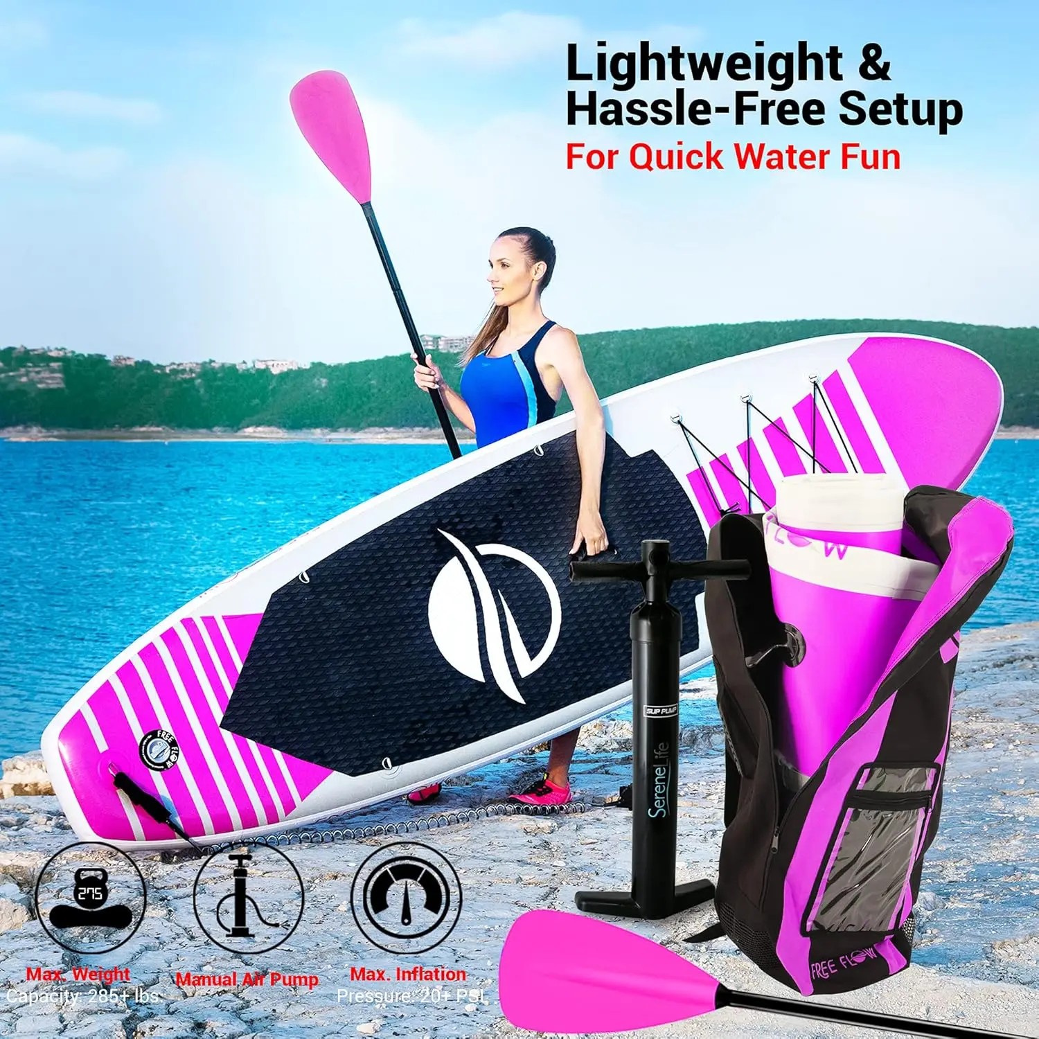 SereneLife Inflatable Stand up Paddle Board - Non-Slip SUP with Paddle, Pump, Leash, and Complete Accessories