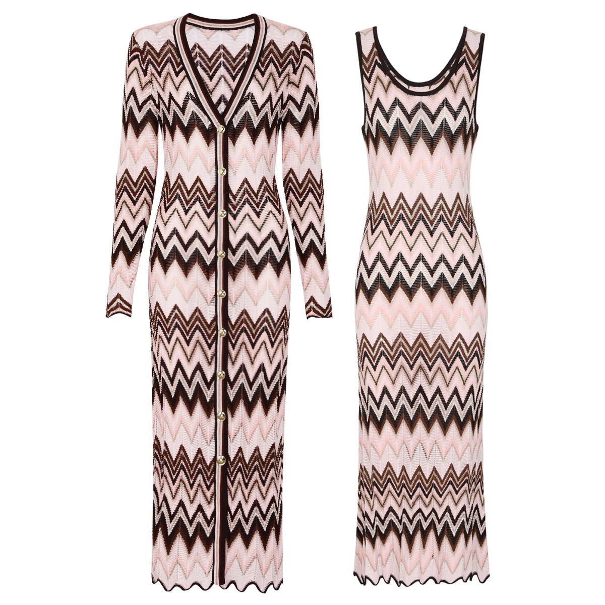 

25278 высококачественный весенне-осенний модный эластичный вязаный кардиган с длинными рукавами, длинное пальто + платье без рукавов, женский комплект