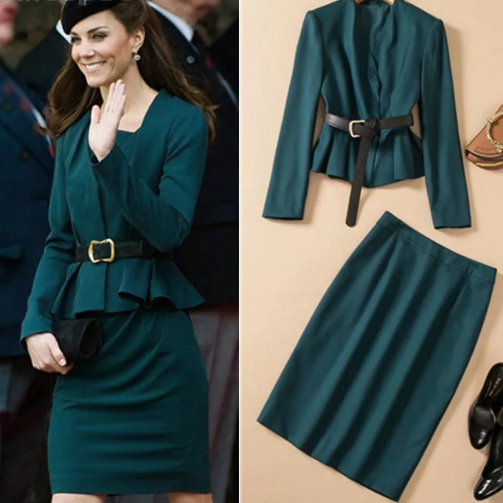 

Kate Middleton Elegant Outfits Women High Quality Long Sleeve Blazer Coat Top High Waist Pencil Mini Skirt Autumn Winter Clothes