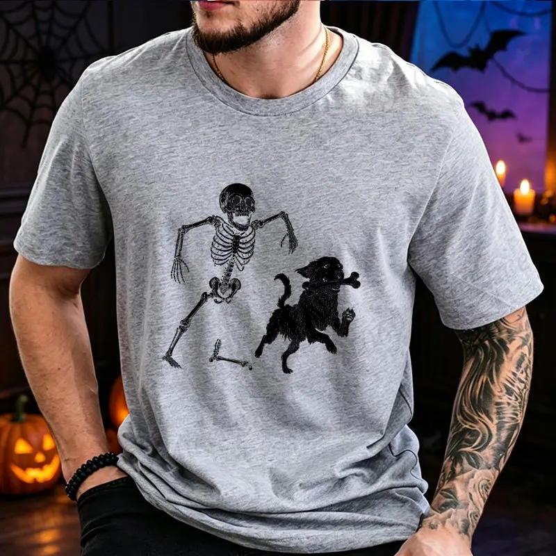 Lustiges Halloween-T-Shirt für Herren, Skelett-Laufhund-Grafik, T-Shirts mit kurzen Ärmeln, lässige Oberteile, gruseliger Humor, Streetwear, Herrenbekleidung – Detail 3