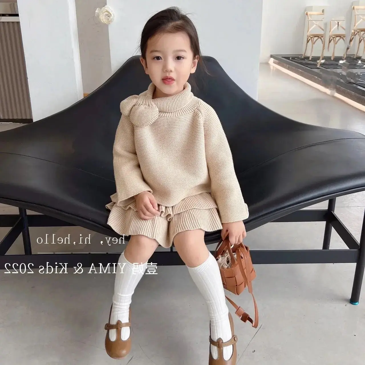 Kids Clothes Girls Pullover Bowknot Top Retro knitting Elegant Pleated Skirt Two Piece Set Girls Sweater Fashion Spring Autumn