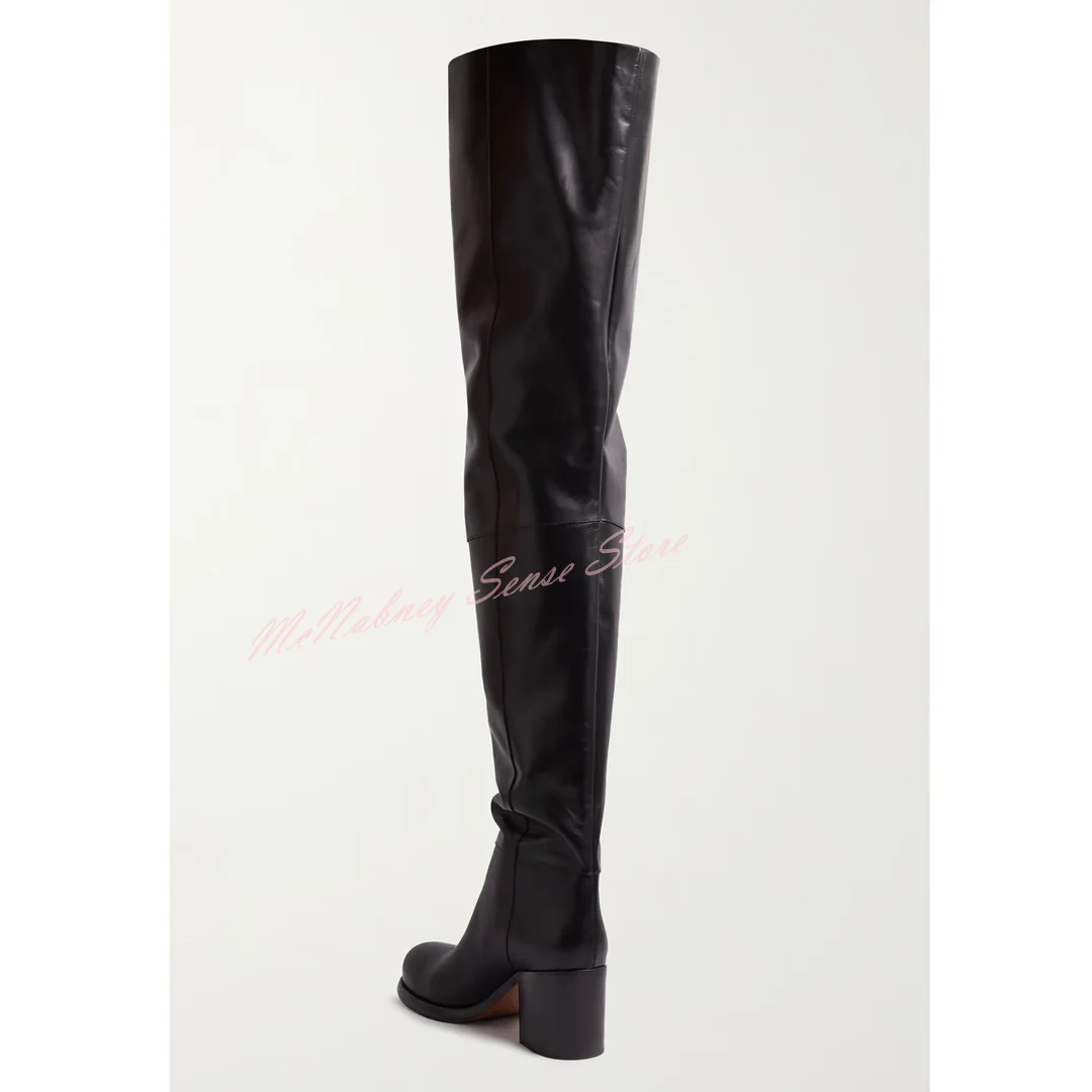 Cow Leather Thigh High Boots Round Toe Chunky High Heels Solid Slip On New Designer Long Boots Women Sexy Shoes Winter Party