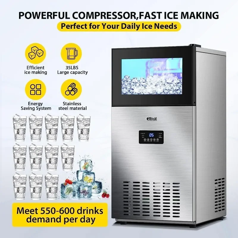 Upgraded Commercial Ice Maker Machine 160LBS/24H with 35LBS Storage Bin, 15Inch Wide Ready 11-20 Mins Under Counter