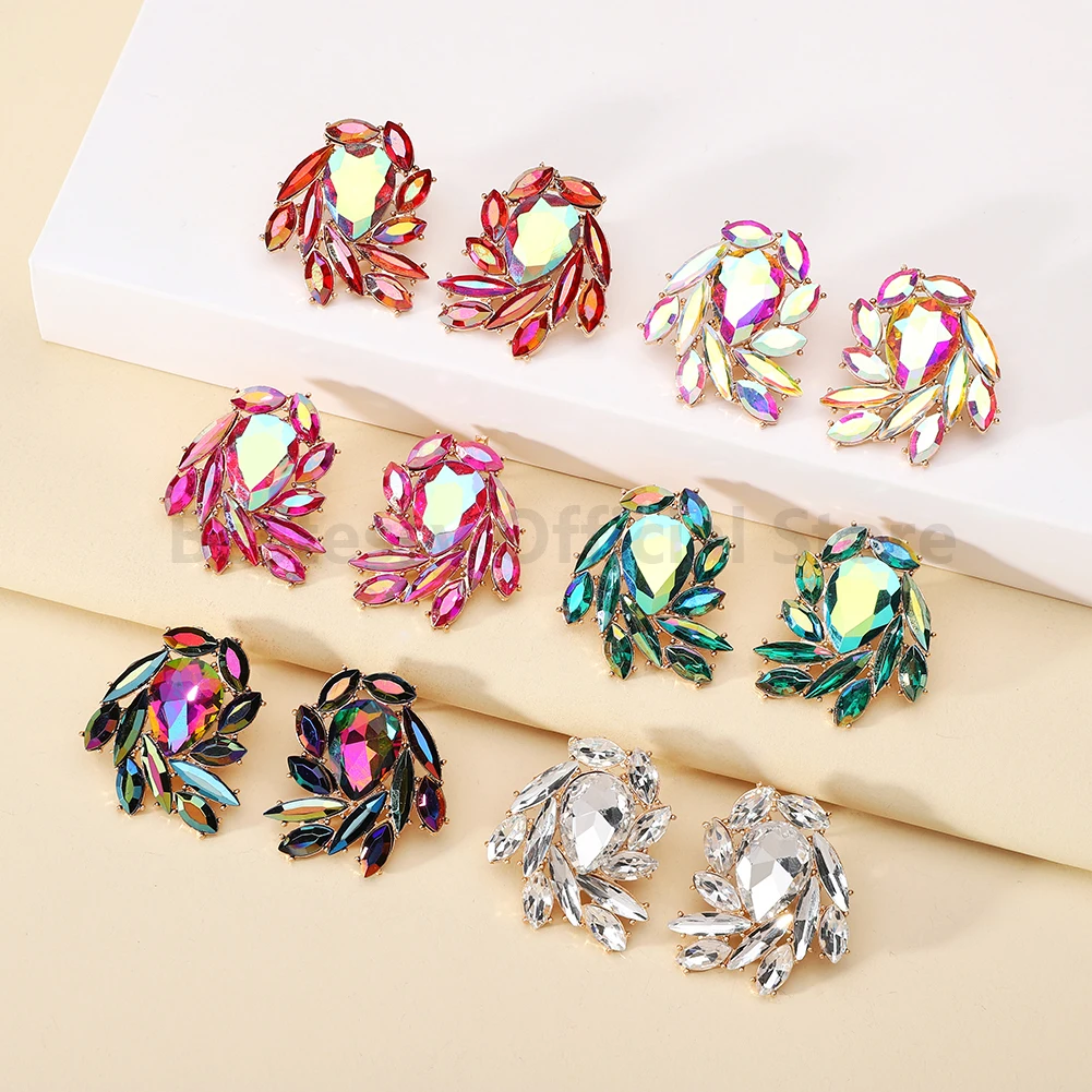 New Luxury Geometric Colorful Glass Big Stud Earrings For Women Fashion Party Dances Vintage Jewelry Statement Accessories Gift