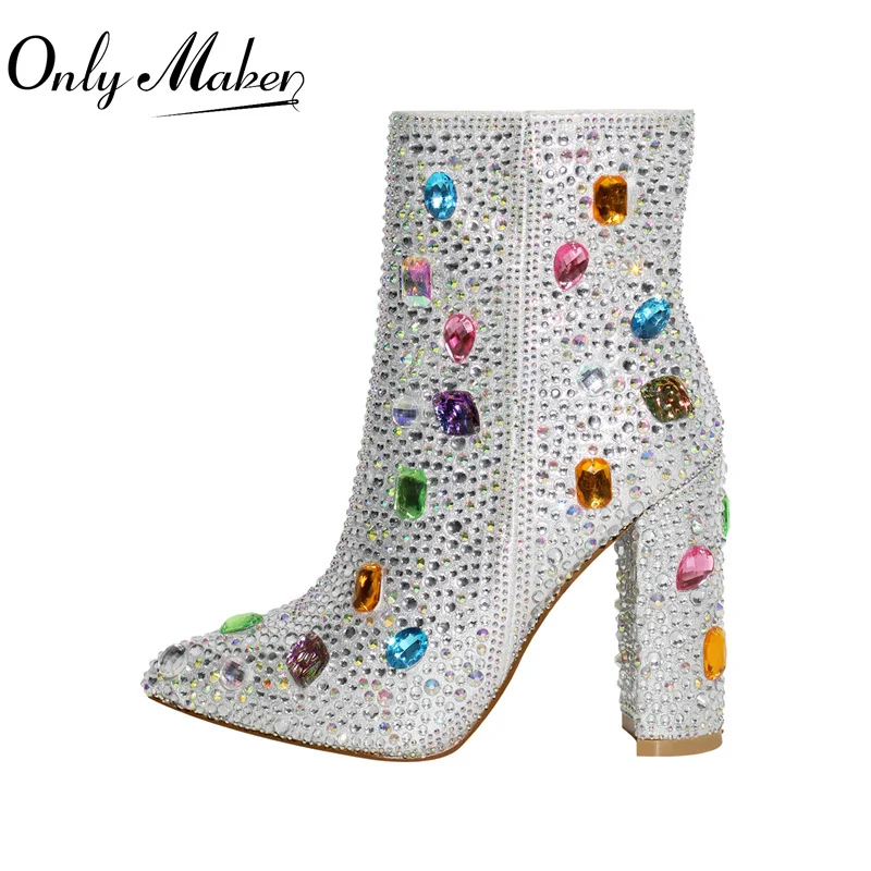 Onlymaker Women Rhinestones Ankle Boots Pointed Toe  Zipper  Luxury Bling  Party Dress Big Size Lady Booties