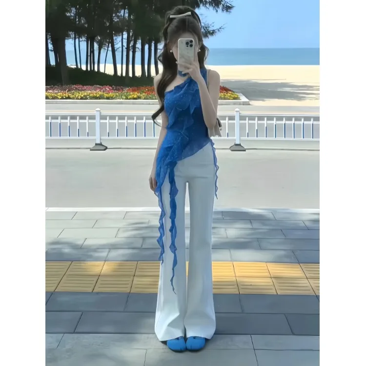 

Chic Summer White Moonlight Pure Style Two-Piece Set Korean Fashion Shoulder-Baring Top And Jeans Breathable And Stylish