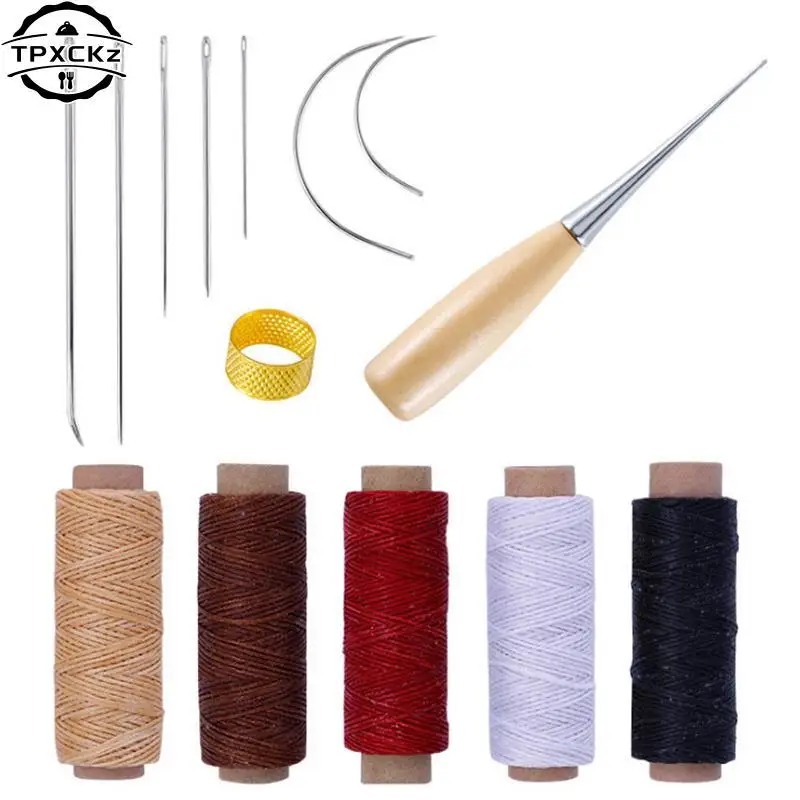 Kit de costura de artesanato de couro encerado linha mão estofando agulhas de costura awl para reparação de estofos de couro iniciante, costura, costura