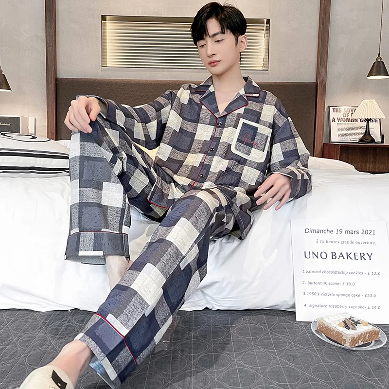 Cotton Men's Long Sleeve Cardigan Pajama Set Autumn Spring Homewear Suit For Young Men Plaid Fashion Sleepwear L-3XL Pijamas