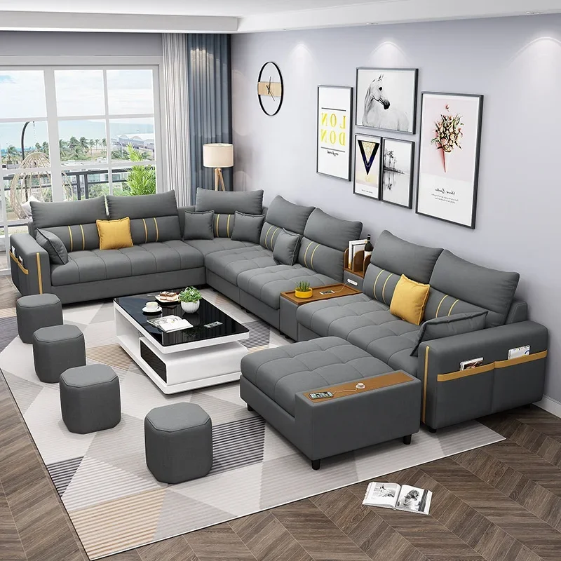 Modern living room furniture assembly L-shaped leather sofa with USB port Bluetooth sound corner sofa set