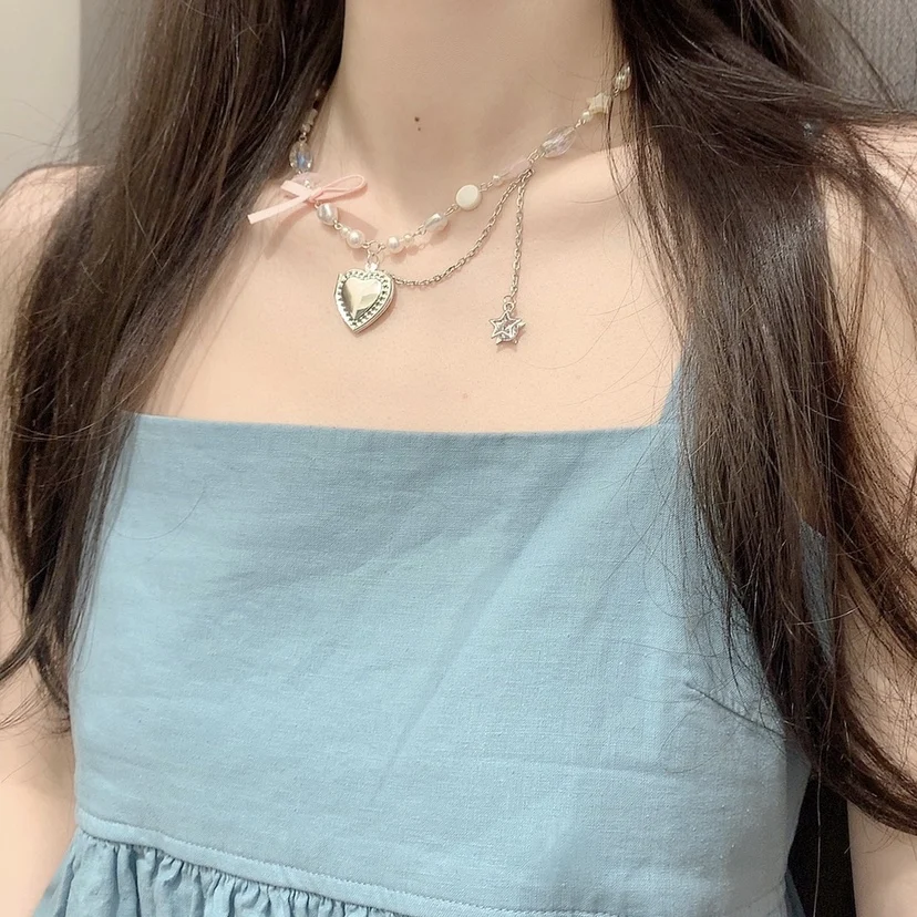 Summer Fashion Bowknot Love Pendant Lolita Necklace Japanese Handmade Girly Sweet Y2k Elegant  All-Match Clavicle Chain Women