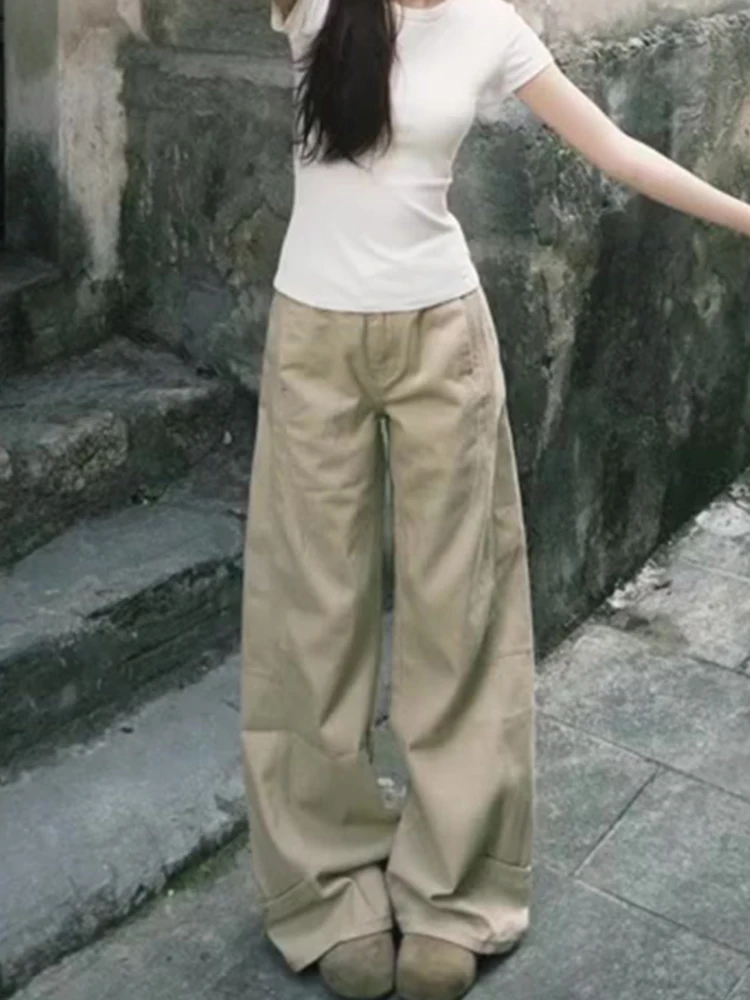 

Large Size American Washed Khaki Denim Pants Women Summer New Lazy Style Slim Wide Leg Pants High Waist Casual Jeans