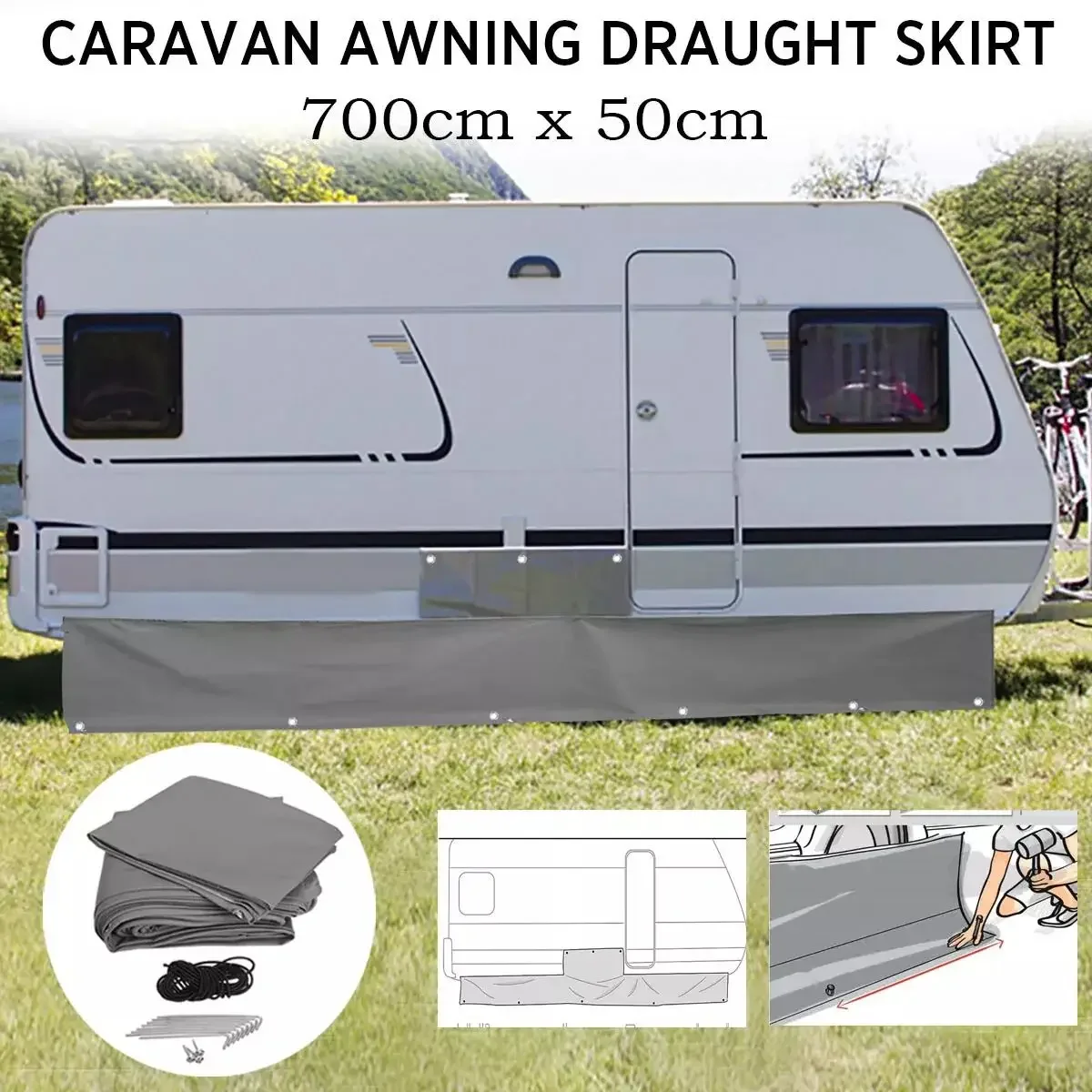 

1set Caravan Awning Draught Skirt 7m Length X 50cm Deep with Wheel Arch Covers Suckers Motorhome Draft Campervan Side Skirting