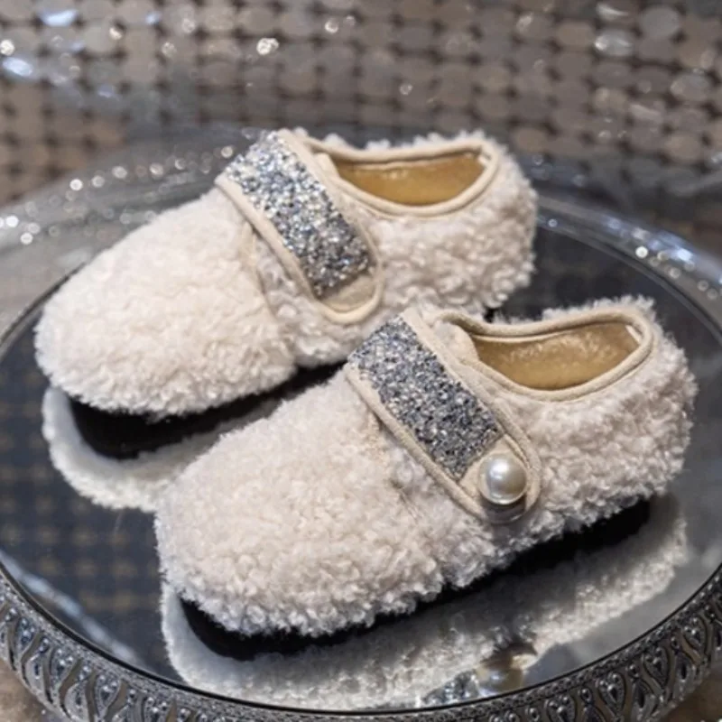 

Girls Shoes Winter Toddler Kids Fashion Brand Princess Shoes Flats Children Warm Fur Pearls Soft Sole Kids Cotton-padded Shoes