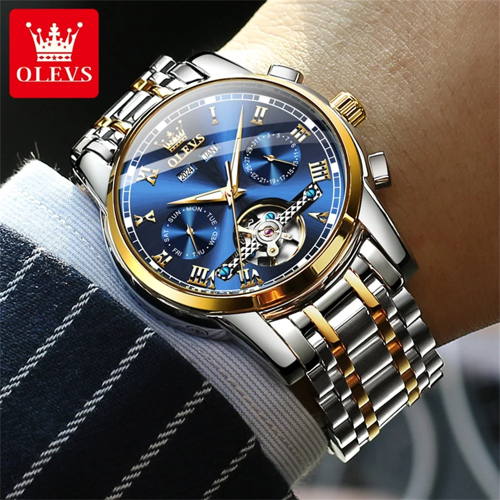 OLEVS 6607 Business Men Watches Automatic Mechanical Waterproof Stainless Steel Strap Watch for Man Skeleton Calendar Wristwatch