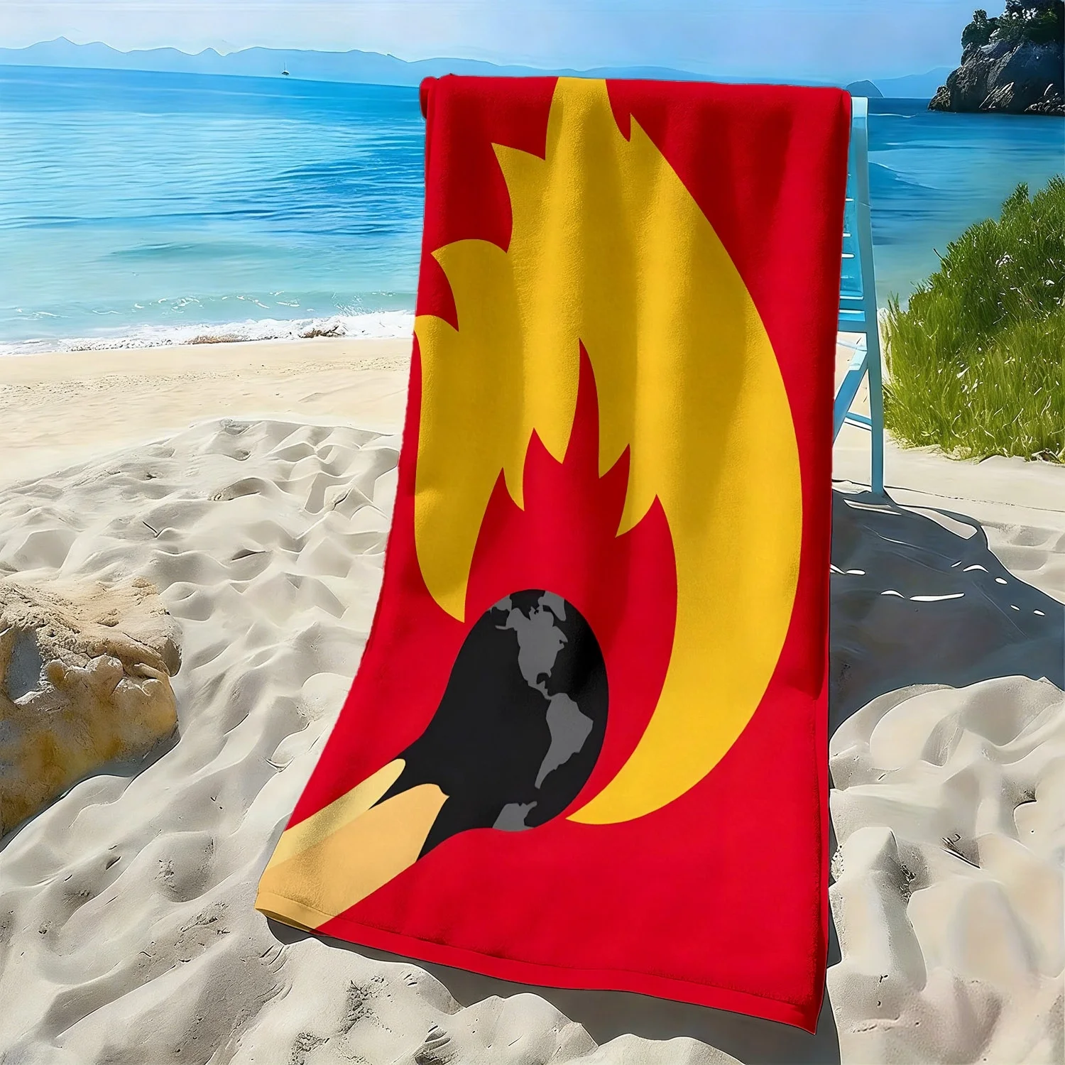 Earth Matchstick Flame World Pattern polyester microfiber beach towel is highly absorbent, suitable for swimming beach outings