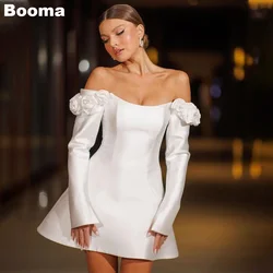 Vestidos de casamento curtos Booma-A-Line para mulheres, ombro, flores 3D, vestidos de noiva, mangas compridas, vestido de coquetel, vestidos de baile