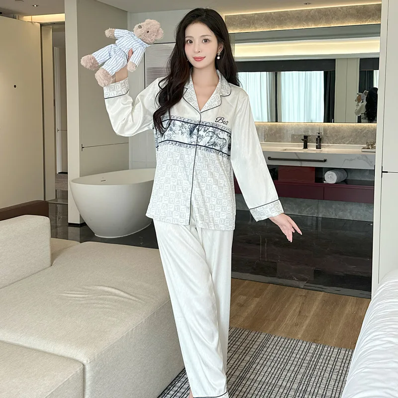 2024 Ice Silk Pajamas Sleepwear Women New Long Sleeved Pants Set Luxury V-neck Nightgown 2piece High Quality Soft Skin Friendly