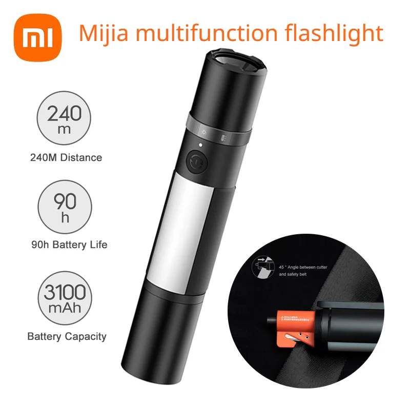 Xiaomi mijia multifuncional lanterna led zoomable ultra brilhante tocha janela disjuntor cinto de segurança cortador luz emergência do carro