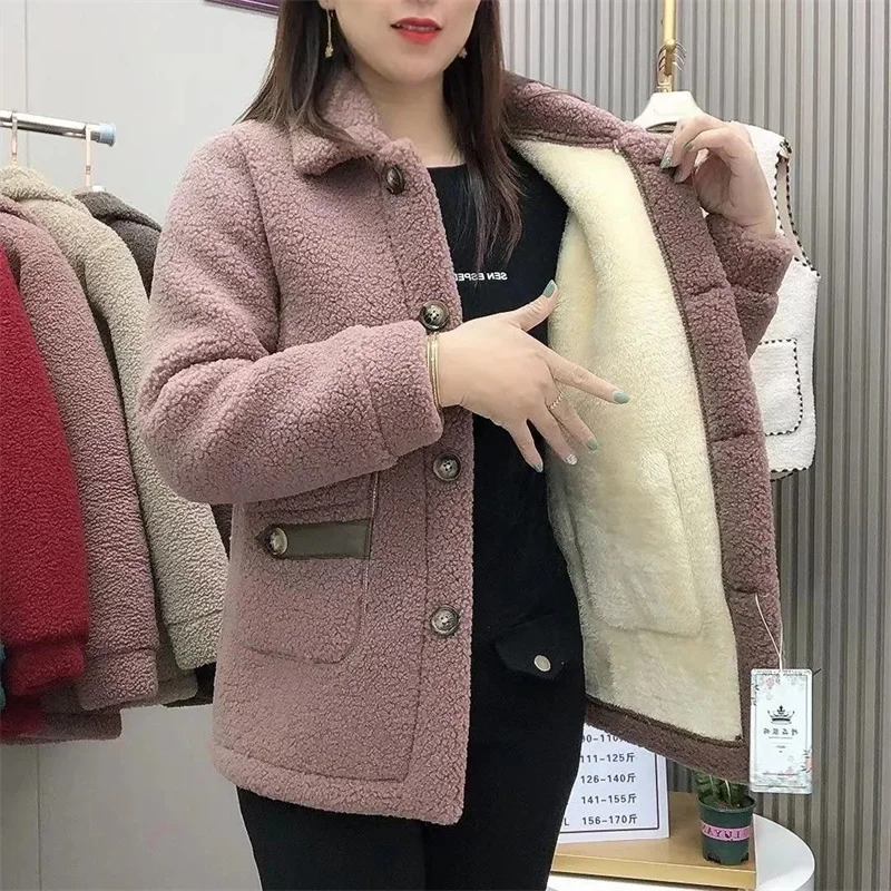 2023 New Winter Imitation Lambswool Lambswool Jacket Padded Thicken Solid Color Pocket Mother Fur Coat Women Parkas