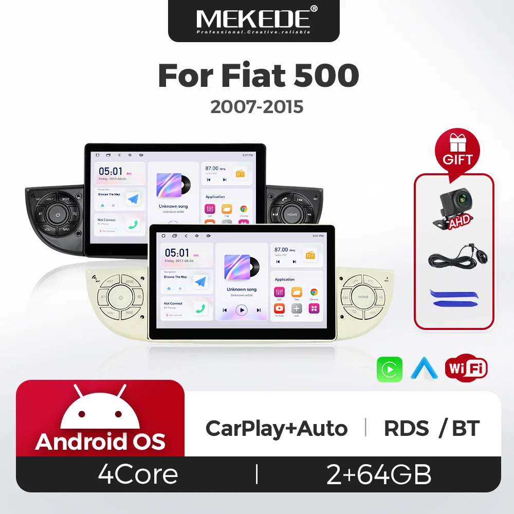 MEKEDE Autoradio sans fil CarPlay/Android Auto 7 pouces pour Fiat 500/500C (2007-2015) – Système multimédia intelligent, lecteur vidéo stéréo, unité principale avec navigation GPS, 1 DIN, 64 Go