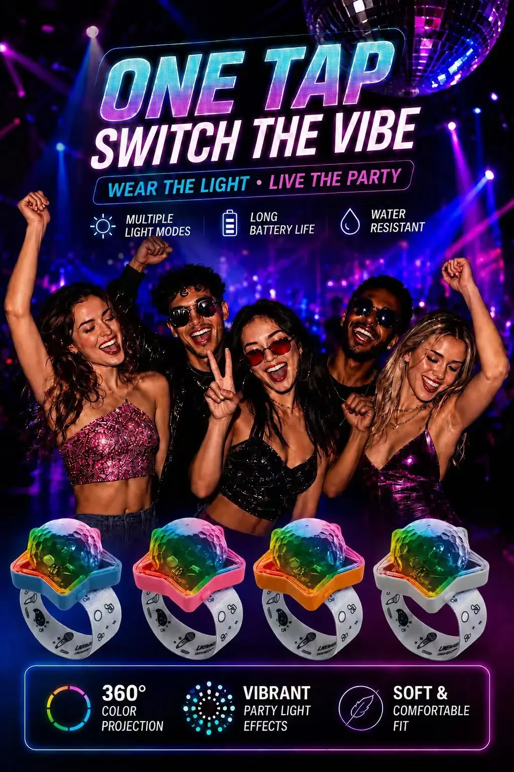 RGB Disco Wrist Projector Light 4‑Pack Rechargeable Wearable 360° Dynamic Color Projection Night Light For Festival Dance Party