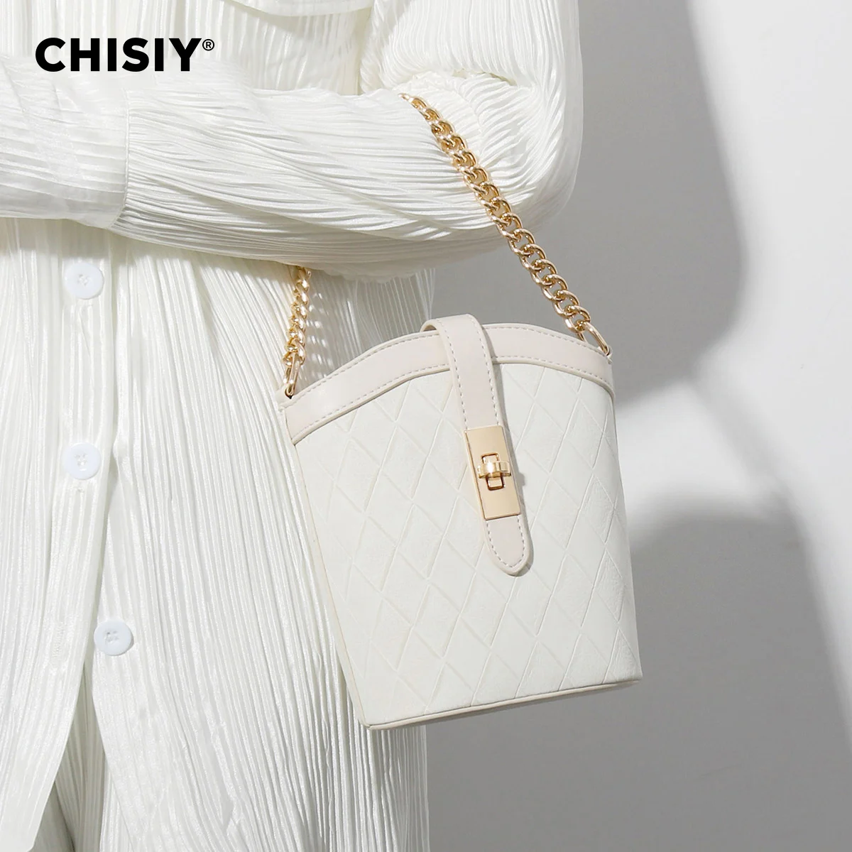 CHISIY Original Handmade Classic Elegant Chain Bucket Bag Texture Commuting Large Capacity Simple Handheld Crossbody Bag