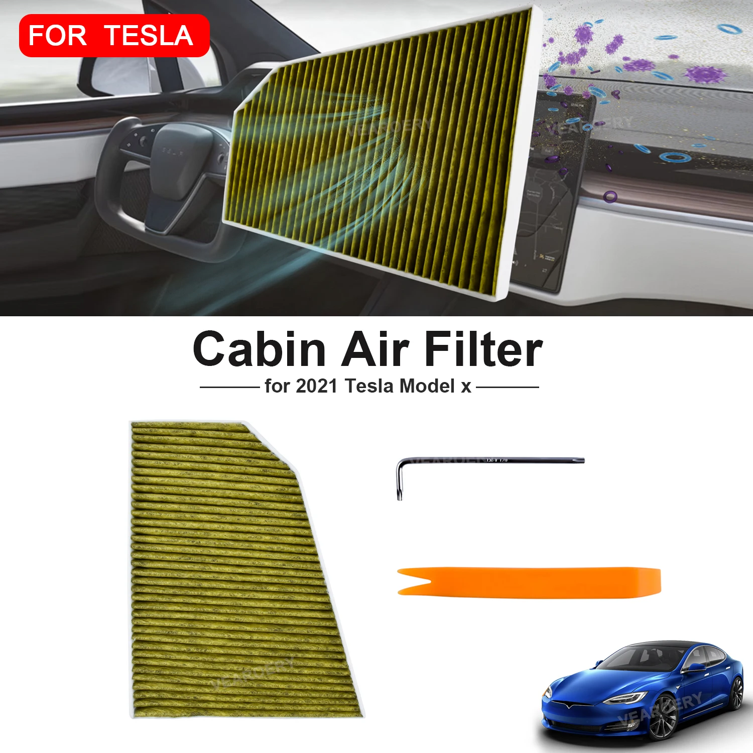 For Tesla Model X Cabin Air Filter, Activated Carbon, 5-Layer Filter, Longer Service Life & Stronger Filtering, Unblocked Air Fl