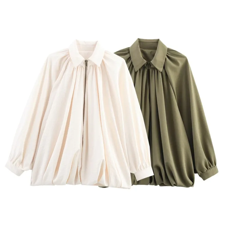

Elegant Green Suede Jacket Women Long Puff Sleeve Lapel Zipper Loose Jackets 2025 Spring Street Pleated Short Outwear