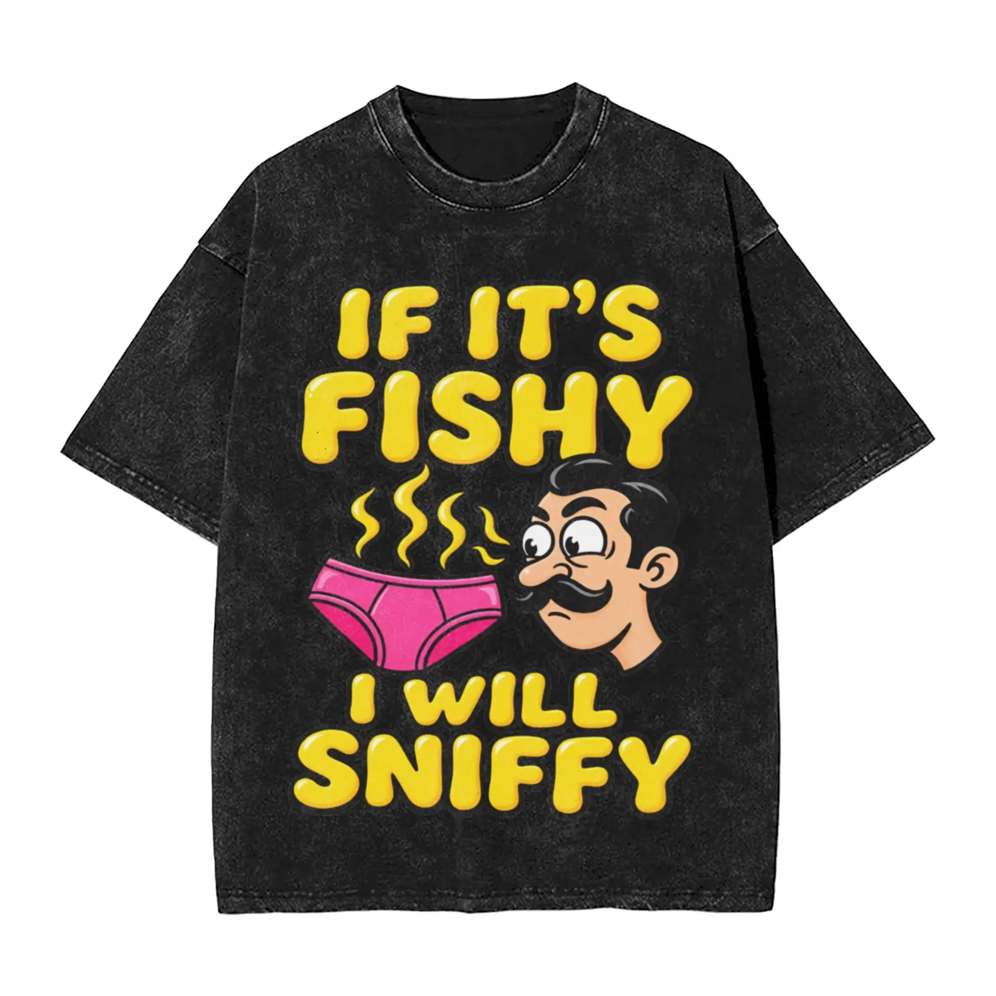 If It's Fishy I Will Sniffy Washed T Shirt Cotton Funny T-Shirts Round Collar  Tee Shirt Short Sleeve Clothes Plus Size